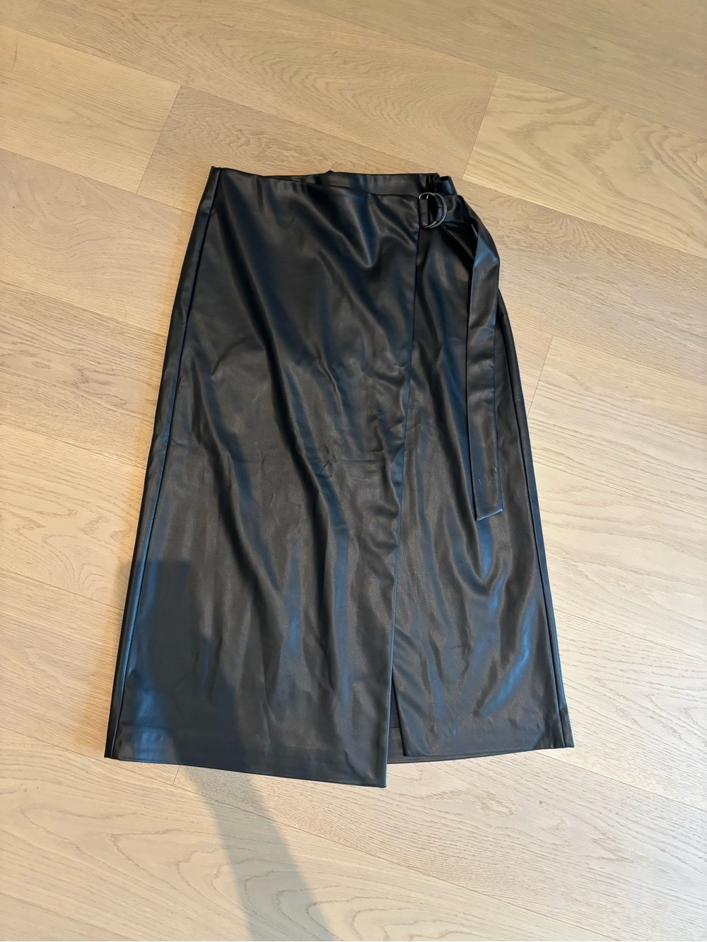 Black Faux Leather Wrap Long Skirt